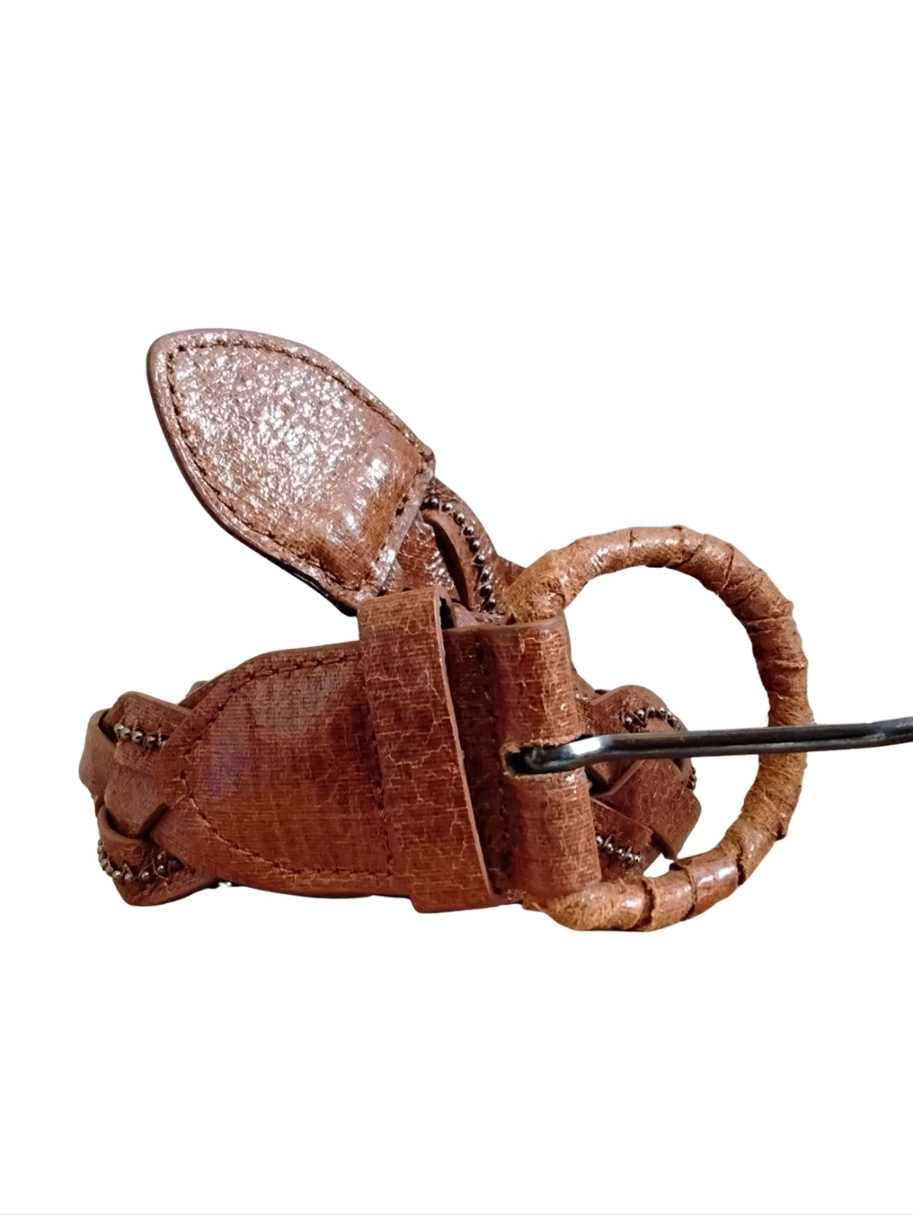 LA EXPRESS Cognac Brown Faux Leather Bead Trim Braided Belt – Size Large